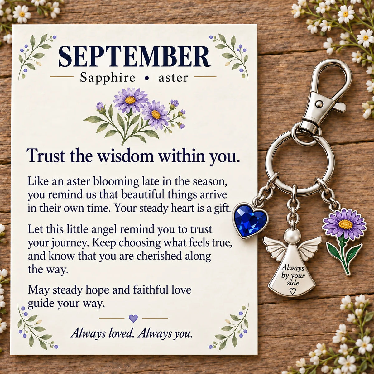 ⏳ Last Day 48% OFF —👼 Always By Your Side: Birth Month Angel & Flower Keychain + Keepsake Card