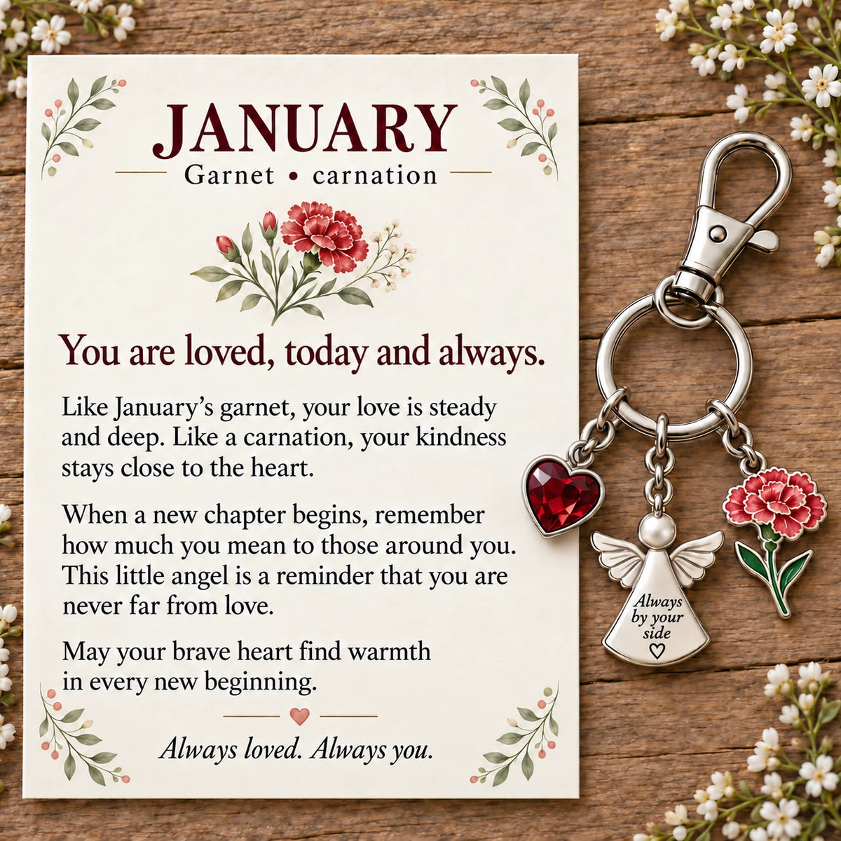 ⏳ Last Day 48% OFF —👼 Always By Your Side: Birth Month Angel & Flower Keychain + Keepsake Card