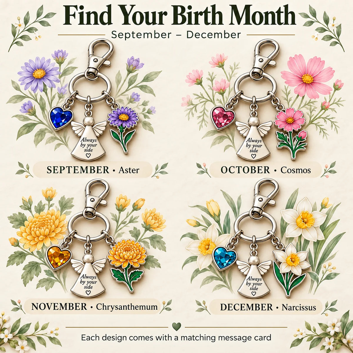 ⏳ Last Day 48% OFF —👼 Always By Your Side: Birth Month Angel & Flower Keychain + Keepsake Card