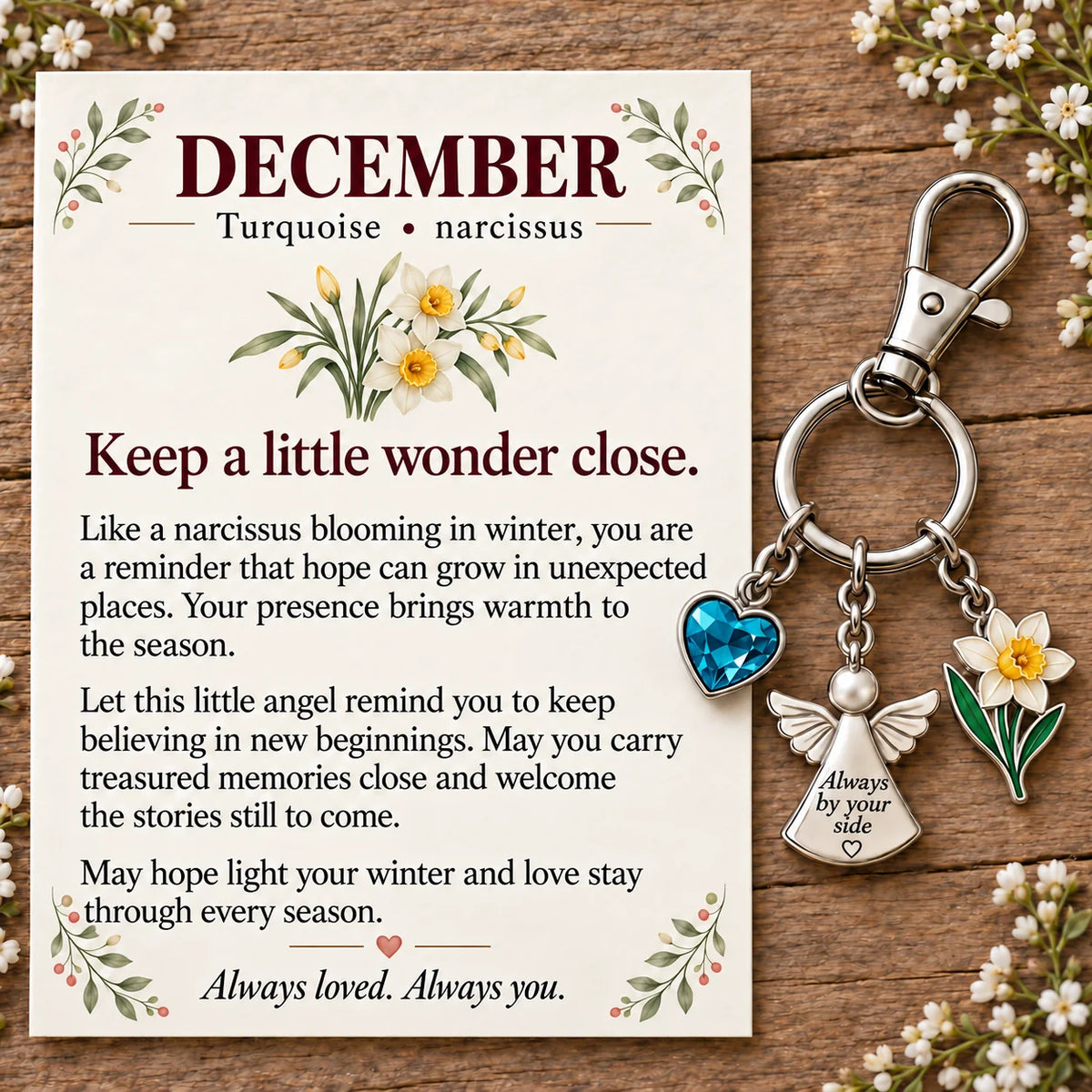 ⏳ Last Day 48% OFF —👼 Always By Your Side: Birth Month Angel & Flower Keychain + Keepsake Card
