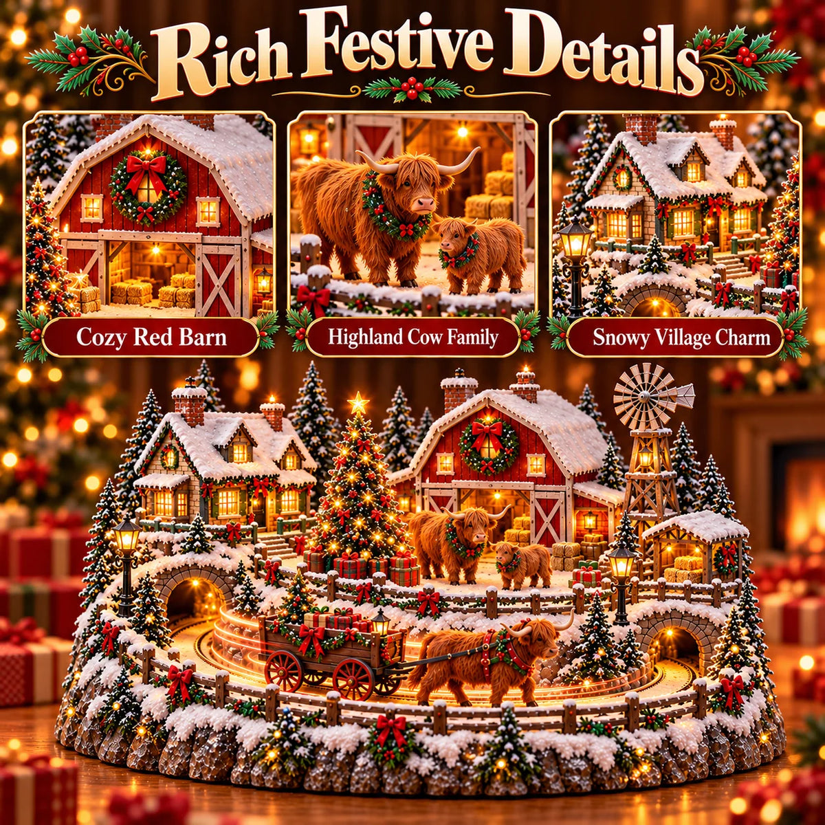 🐮 Highland Cow Christmas Farm Village – Animated Holiday Scene🐮