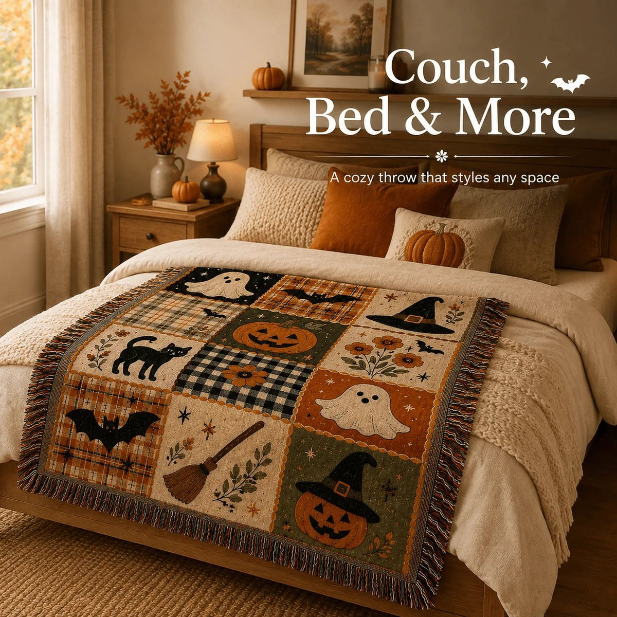 🎃 Vintage Halloween Jacquard Woven Throw Blanket with Fringe