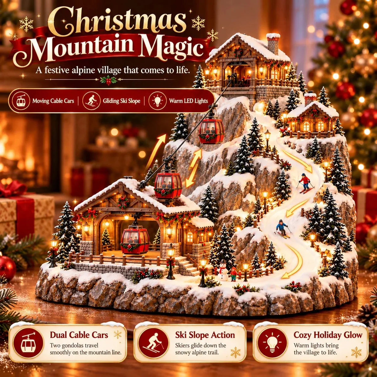 ⭐🔥Animated Christmas Mountain Cable Car & Ski Village Scene ✨