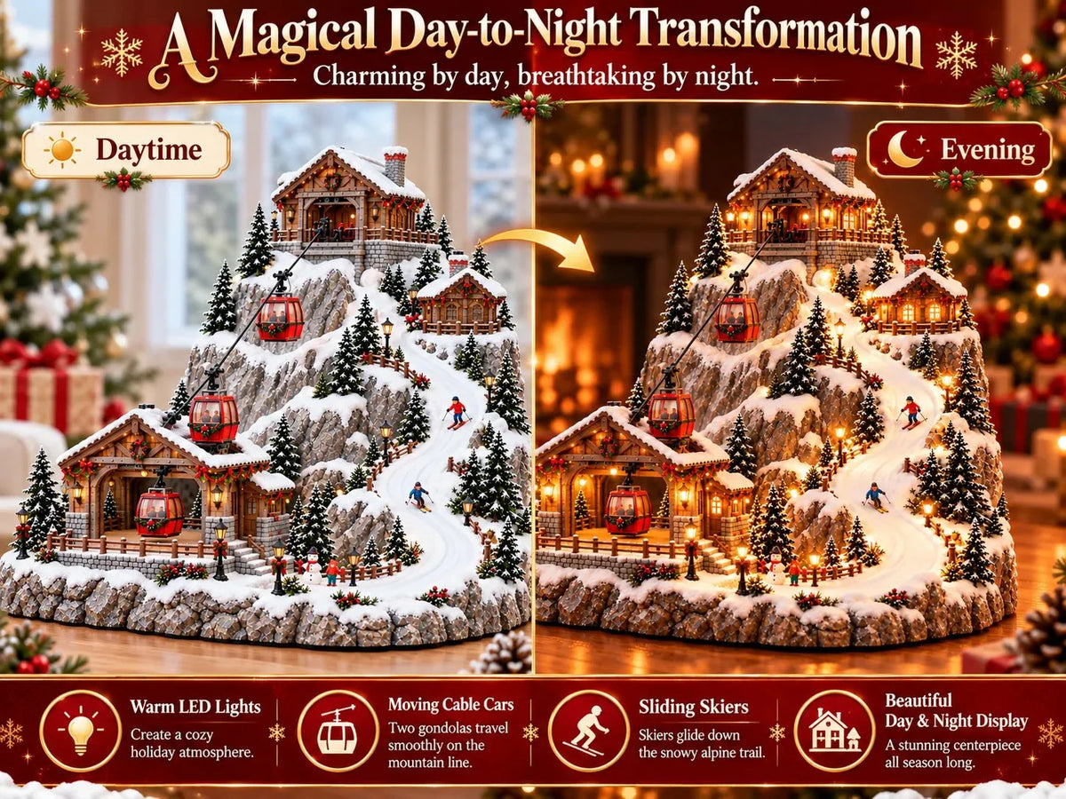 ⭐🔥Animated Christmas Mountain Cable Car & Ski Village Scene ✨