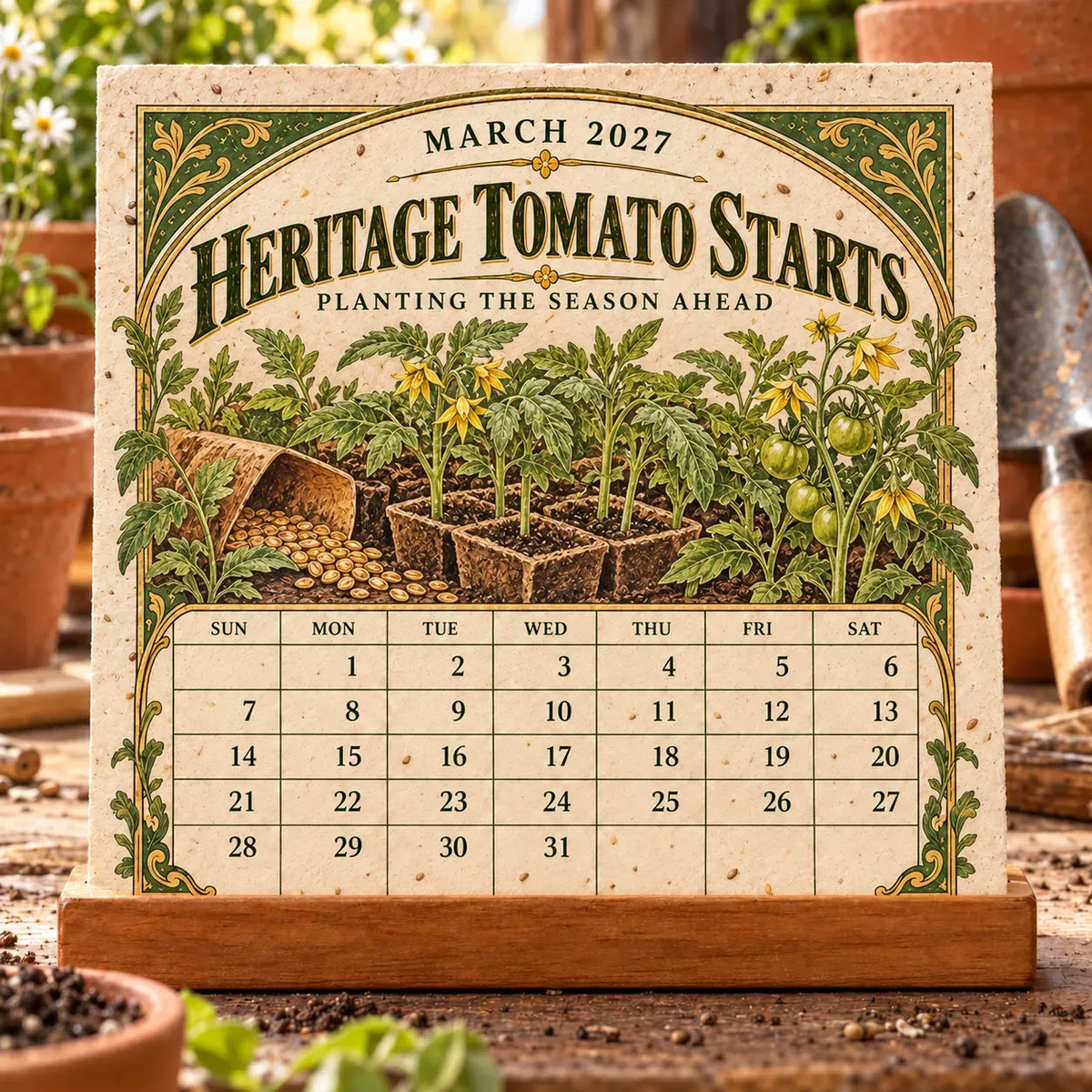 🌱 2027 Heirloom Garden Plantable Seed Calendar | 12 Plantable Months with Vintage Botanical Art & Wooden Stand 🌼