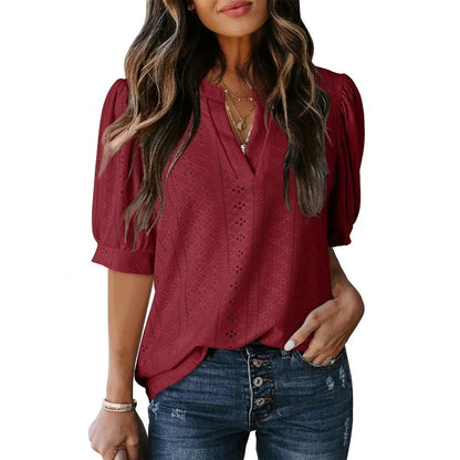 🏆🔥Women's Summer Casual Blouses V Neck Short Sleeve Shirts Hollow Out Cute Tops Loose Fit Breathable Fabric