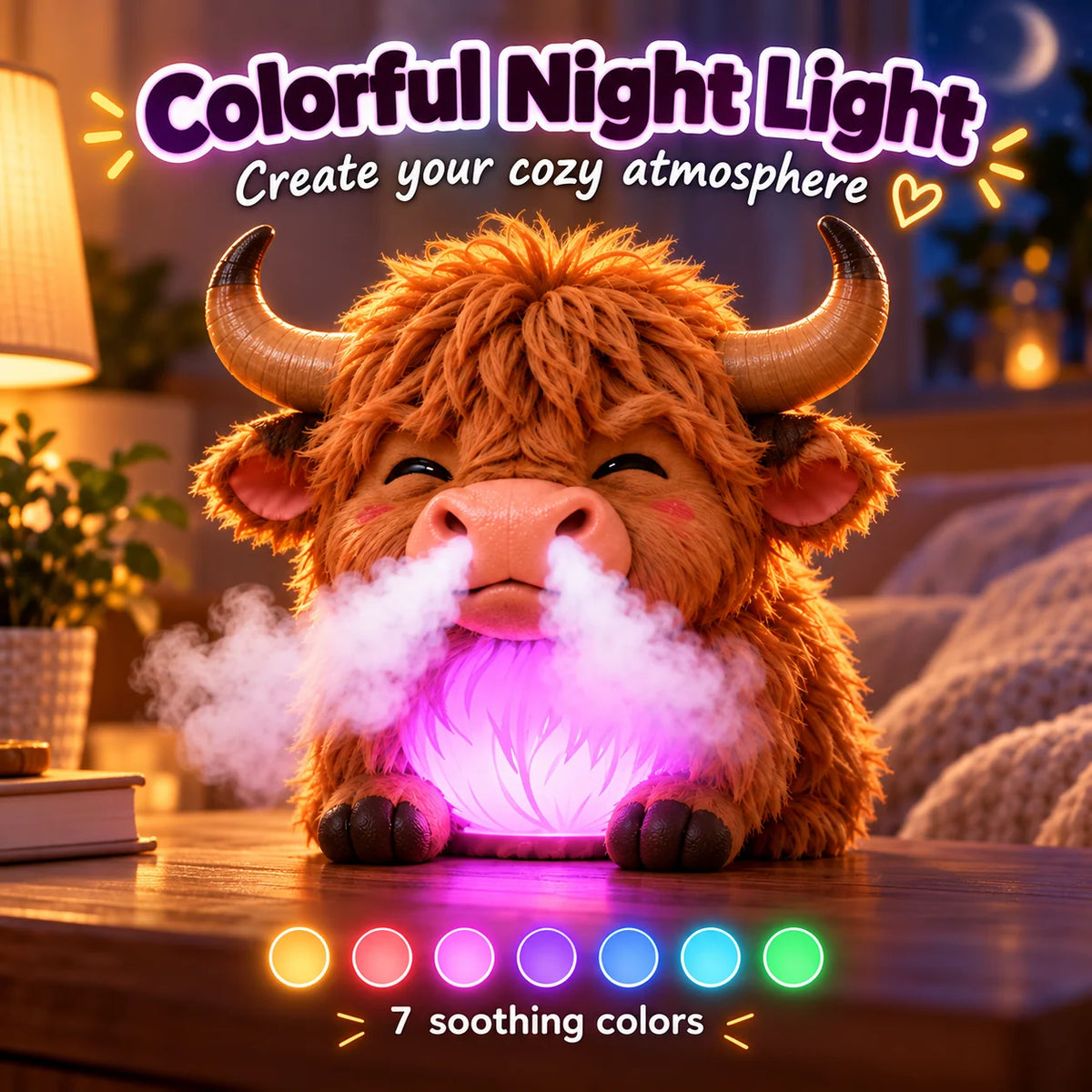 🐮 Highland Cow Huff™ – Tap-to-Puff Humidifier & Colorful Night Light ✨🎁