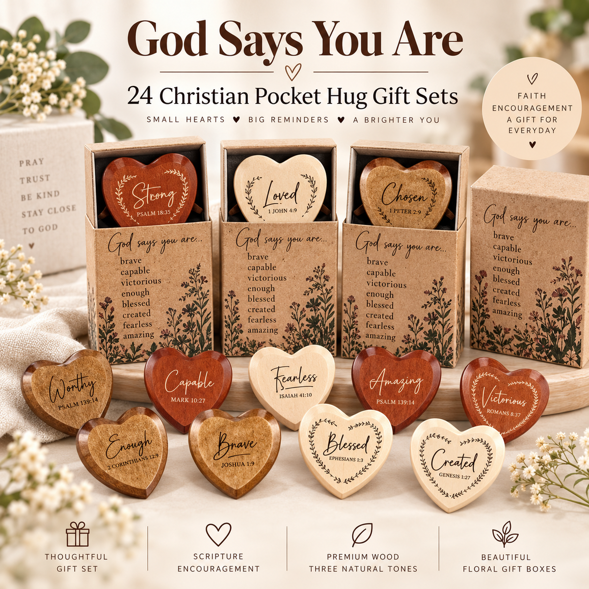 ✝️💛 God Says You Are – 24 Christian Wooden Heart Pocket Hug Gift Set