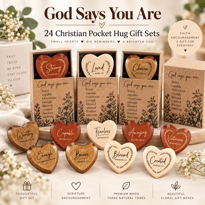 ✝️💛 God Says You Are – 24 Christian Wooden Heart Pocket Hug Gift Set