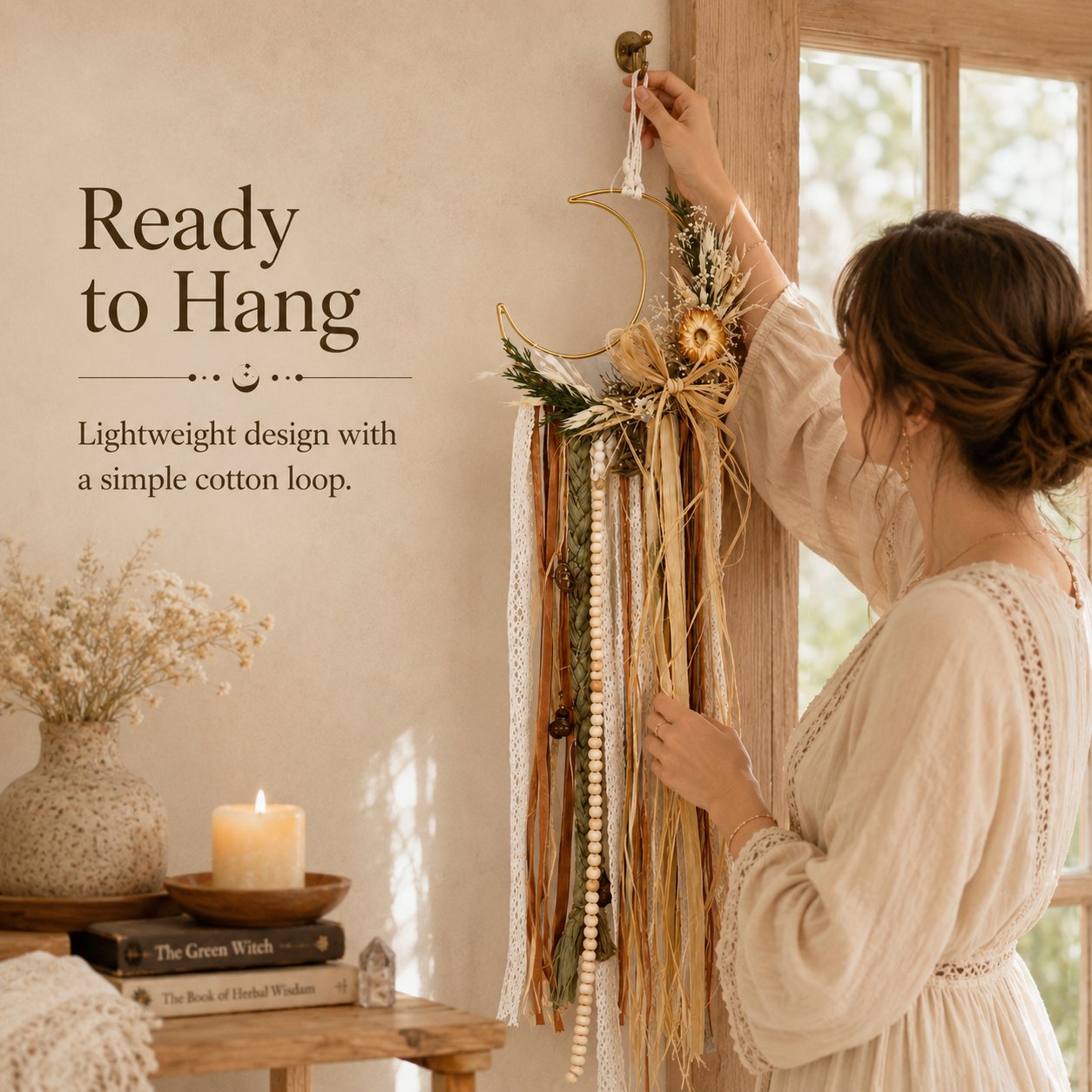 Celtic Moon Witch Bells Wall Hanging | Dried Flower Crescent Moon Door Hanger 🌙 (📦Buy 2 Free Shipping)