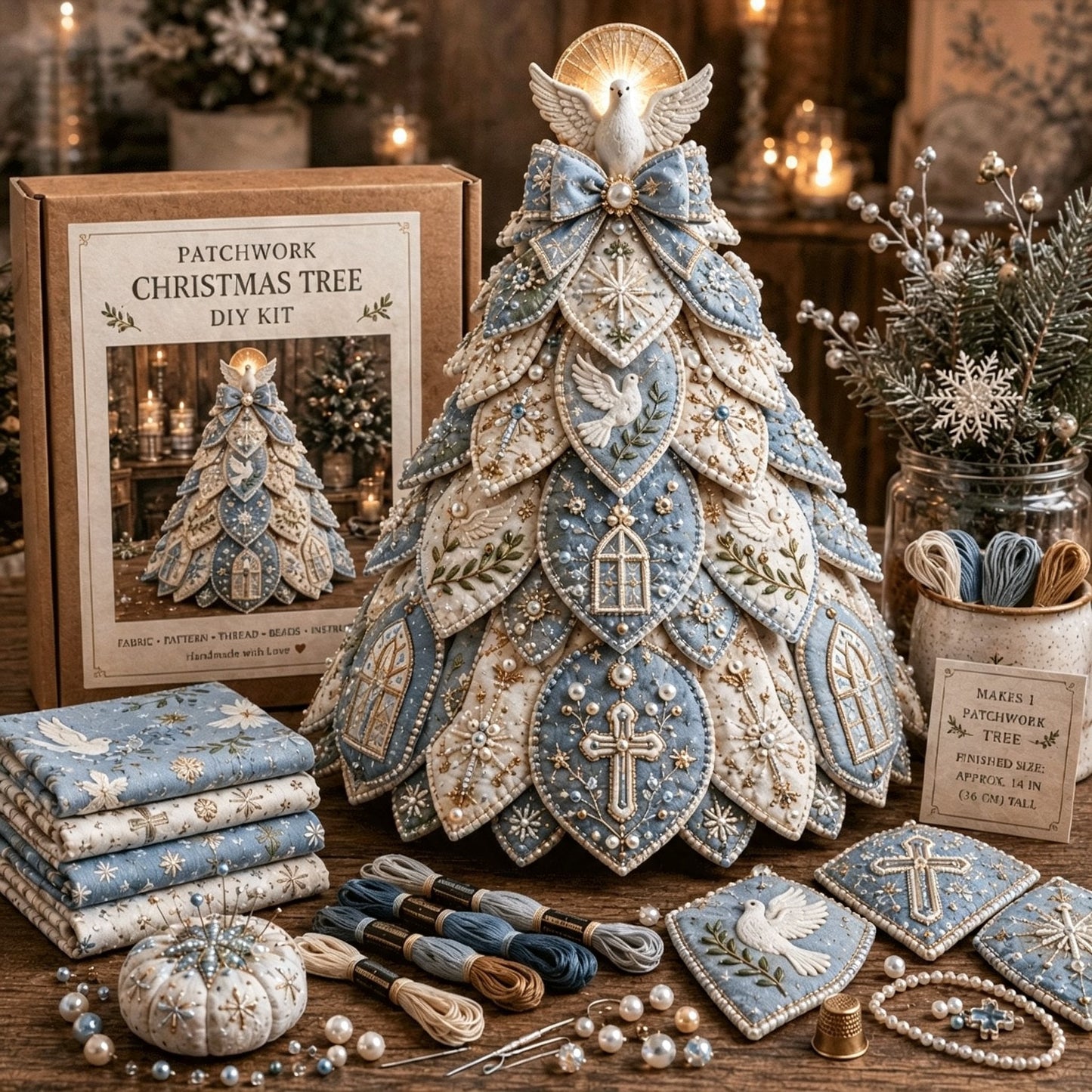 ✝️ Beginner-Friendly Tree of Faith 3D Quilted Christmas Tree Sewing Kit | Complete Kit with Coordinated Fabrics, Beads & Step-by-Step Guide Included 💕