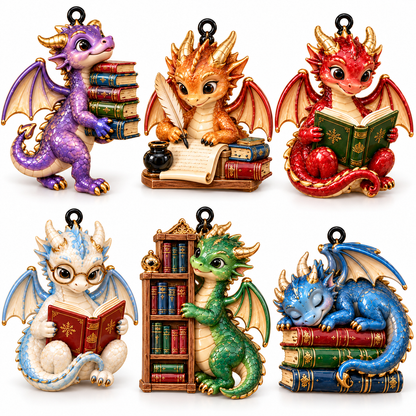 Bookish Dragons – 6-Piece Christmas Keepsake Ornament Set for Book Lovers