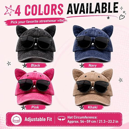 🧢Y2K Cat Ear Trucker Hat with Detachable Sunglasses Vintage