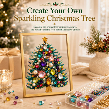 🎄 DIY Jeweled Christmas Tree Art Kit | Colorful Gems, Pearls, Paints & Gold-Tone Floating Display Frame 💎✨