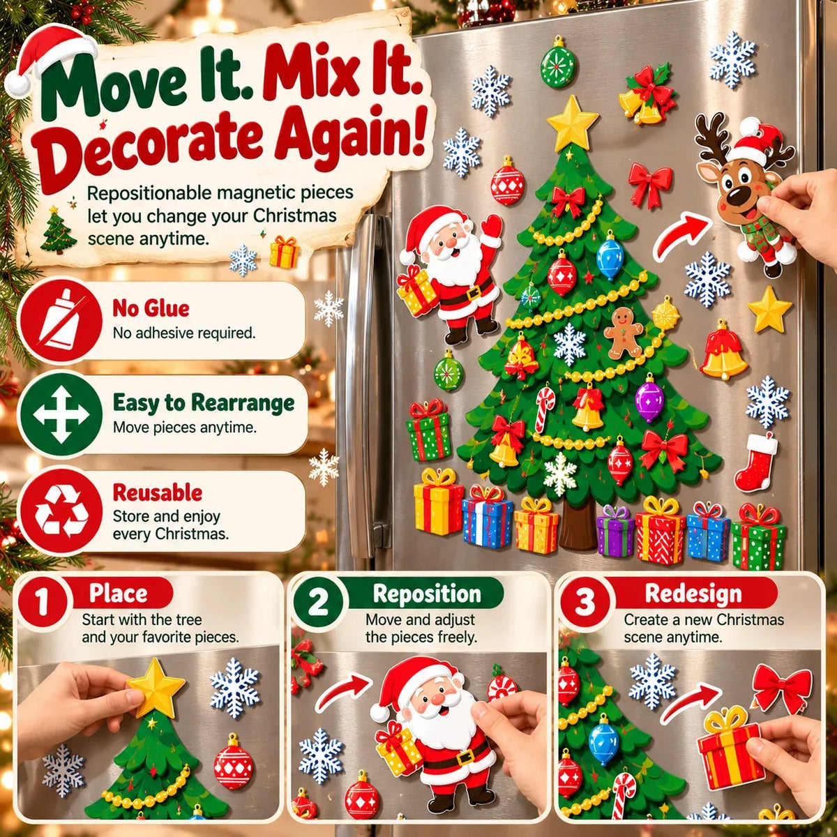 ⏳ Last Day 49% OFF – 🎄DIY Magnetic Christmas Fridge Decor | Reusable Tree & Holiday Magnets for Family Fun 🧲