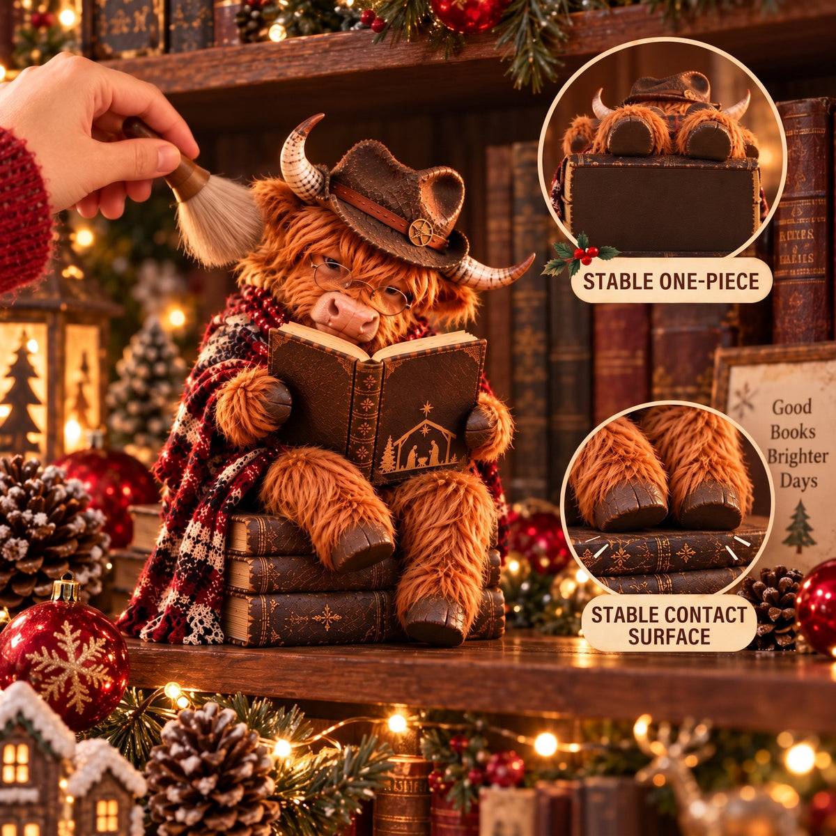 🐮Enchanted Highland Cow Reader Sculpture, Winter Tabletop Book Nook Decor🎄