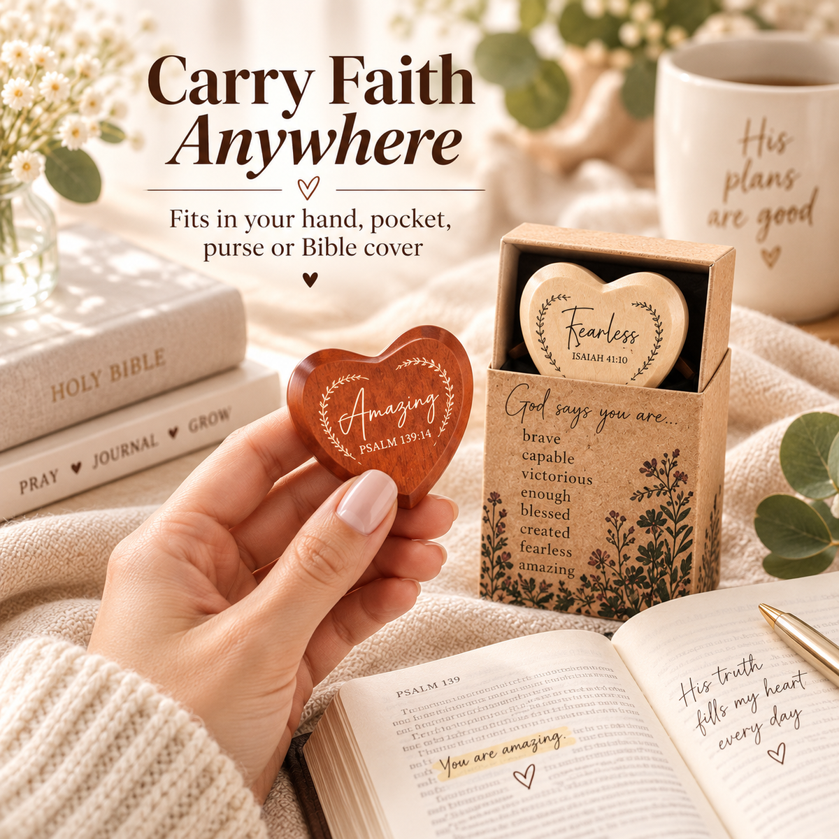 ✝️💛 God Says You Are – 24 Christian Wooden Heart Pocket Hug Gift Set