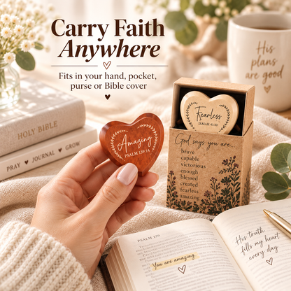 ✝️💛 God Says You Are – 24 Christian Wooden Heart Pocket Hug Gift Set