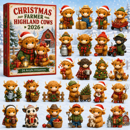 49% OFF - Christmas Highland Cow Farmer Advent Calendar 2026 - 24-Day Festive Countdown, Acrylic Charms Blind Box - Gift For Highland Cow Lovers