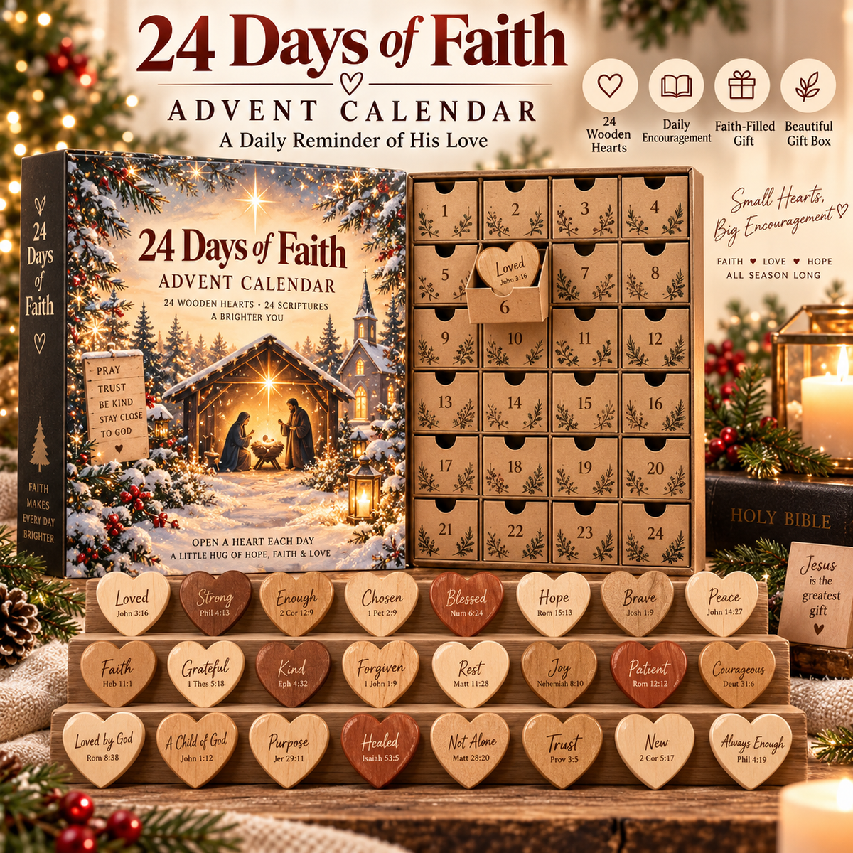 🎄 24 Days of Faith Advent Calendar – 24 Wooden Heart Scripture Keepsakes ✝️
