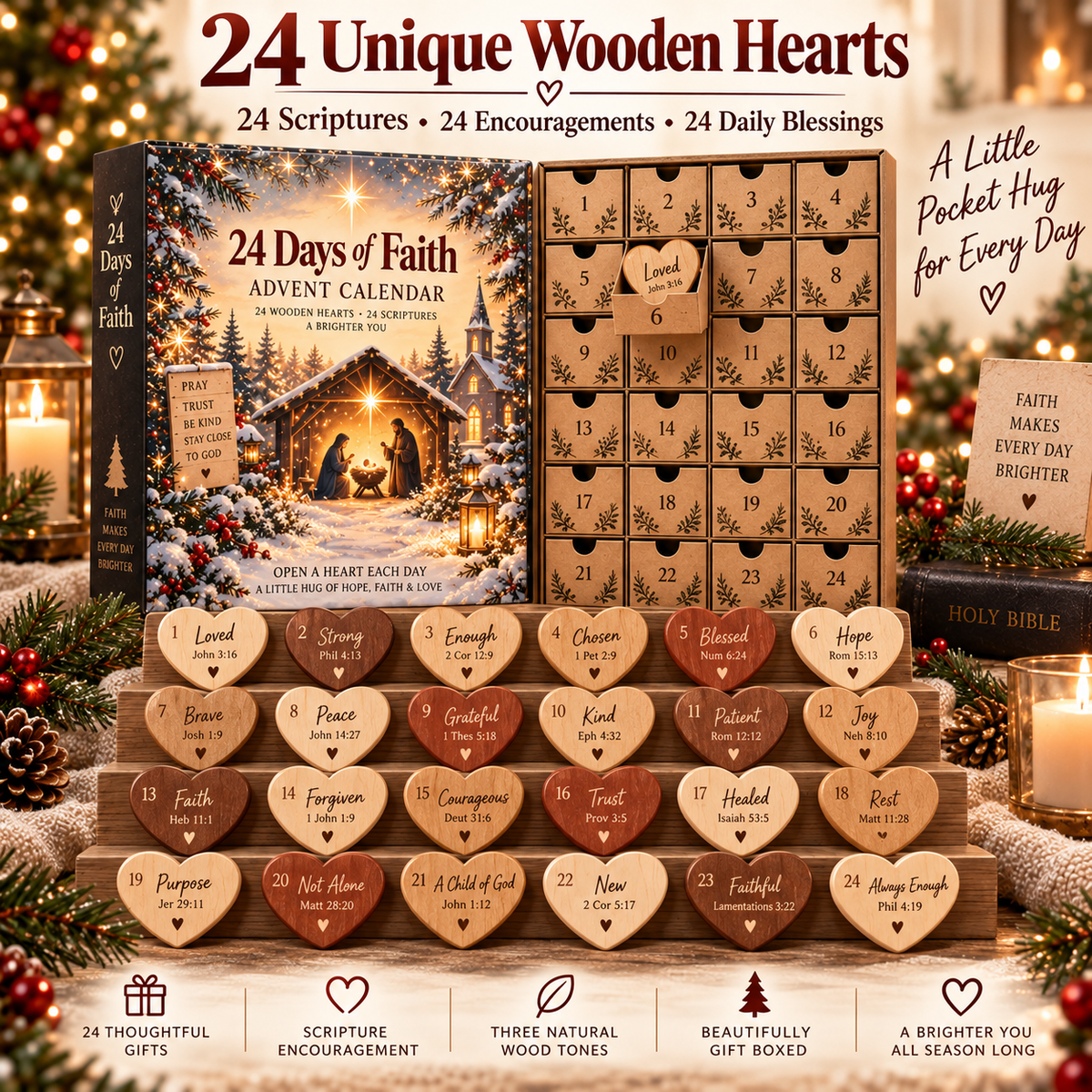 🎄 24 Days of Faith Advent Calendar – 24 Wooden Heart Scripture Keepsakes ✝️