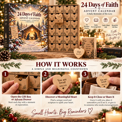 🎄 24 Days of Faith Advent Calendar – 24 Wooden Heart Scripture Keepsakes ✝️