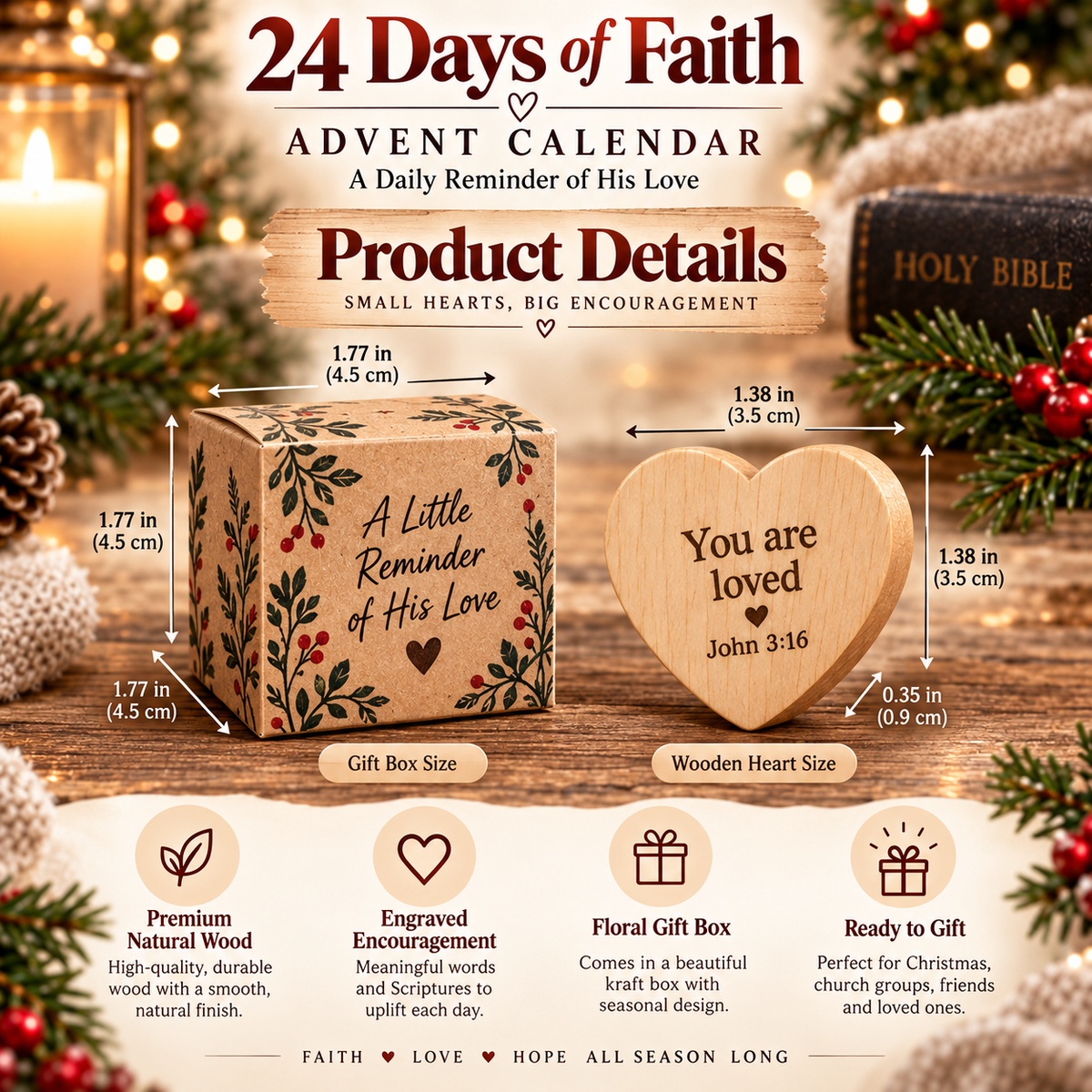 🎄 24 Days of Faith Advent Calendar – 24 Wooden Heart Scripture Keepsakes ✝️