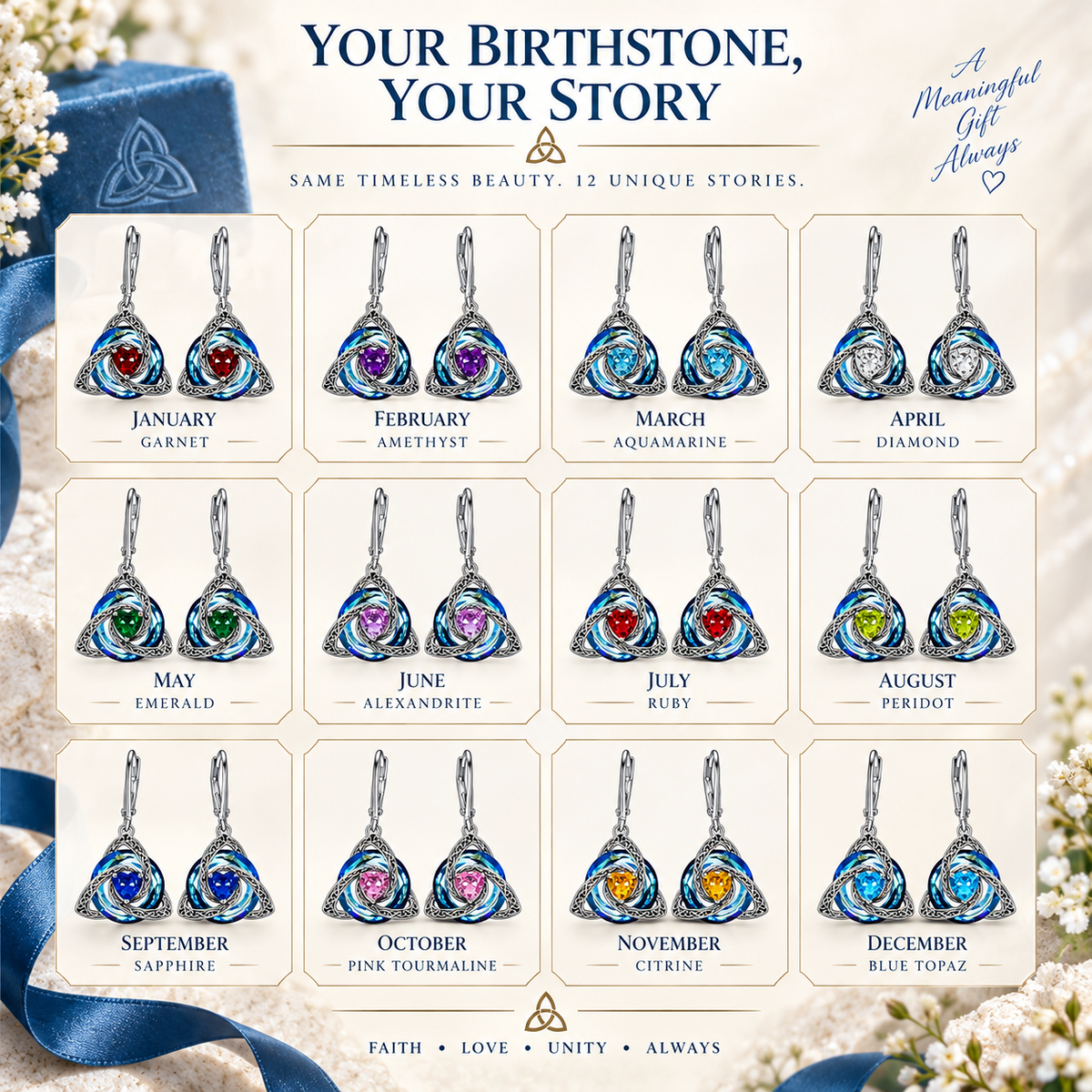 🛡️Celtic Knot Birthstone Drop Earrings – 12 Birth-Month Colours, One Meaningful Gift✨