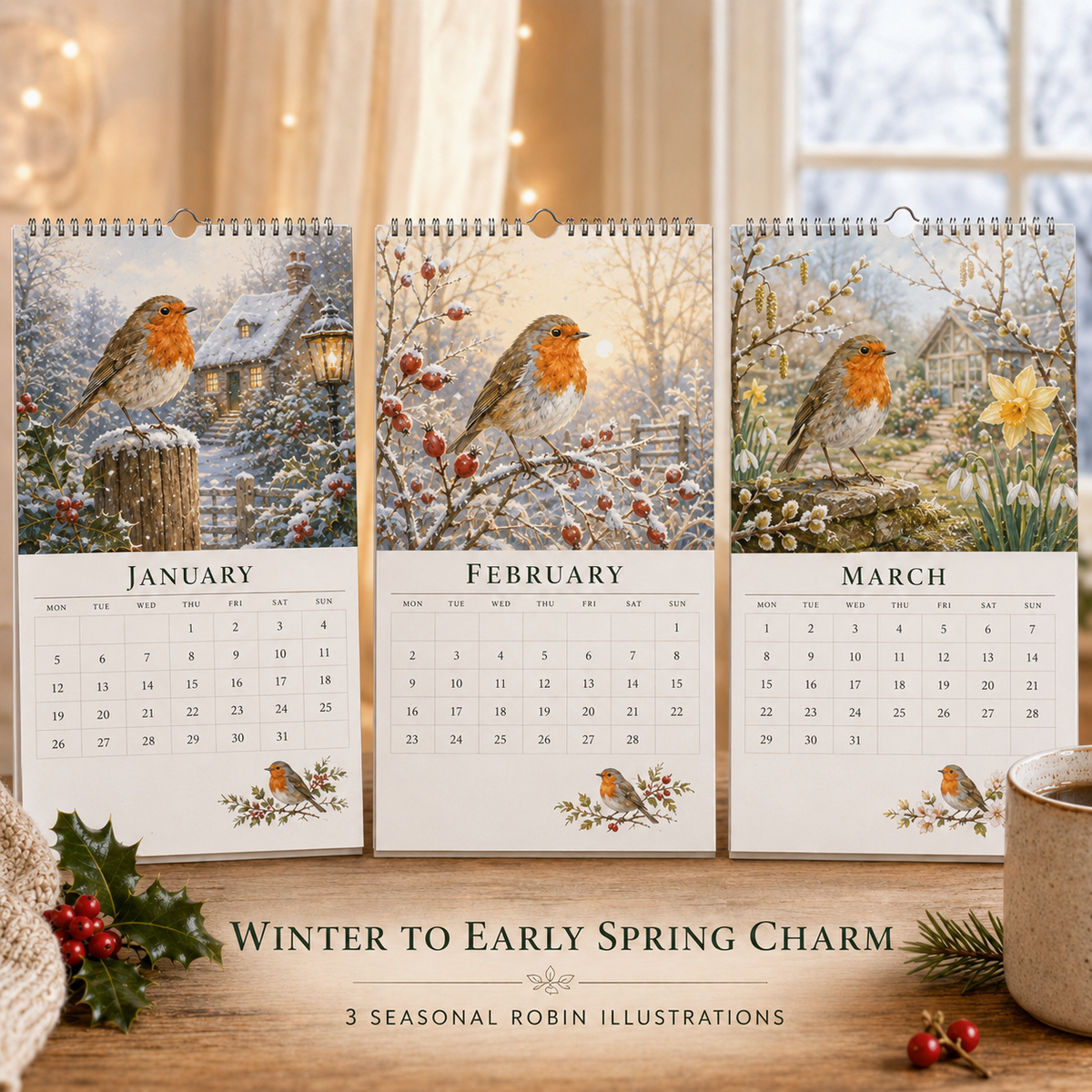 🐦2027 Robin Seasons Calendar – British Countryside Garden Bird Wall Calendar & Gift for Bird Lovers（副本）