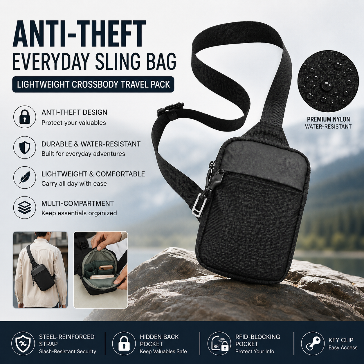 TYIIPRO™ Anti-Theft Everyday Sling Bag – Lightweight Crossbody Travel Pack