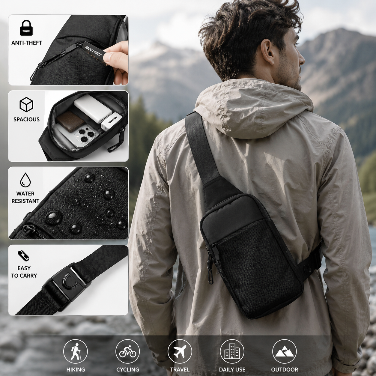 TYIIPRO™ Anti-Theft Everyday Sling Bag – Lightweight Crossbody Travel Pack