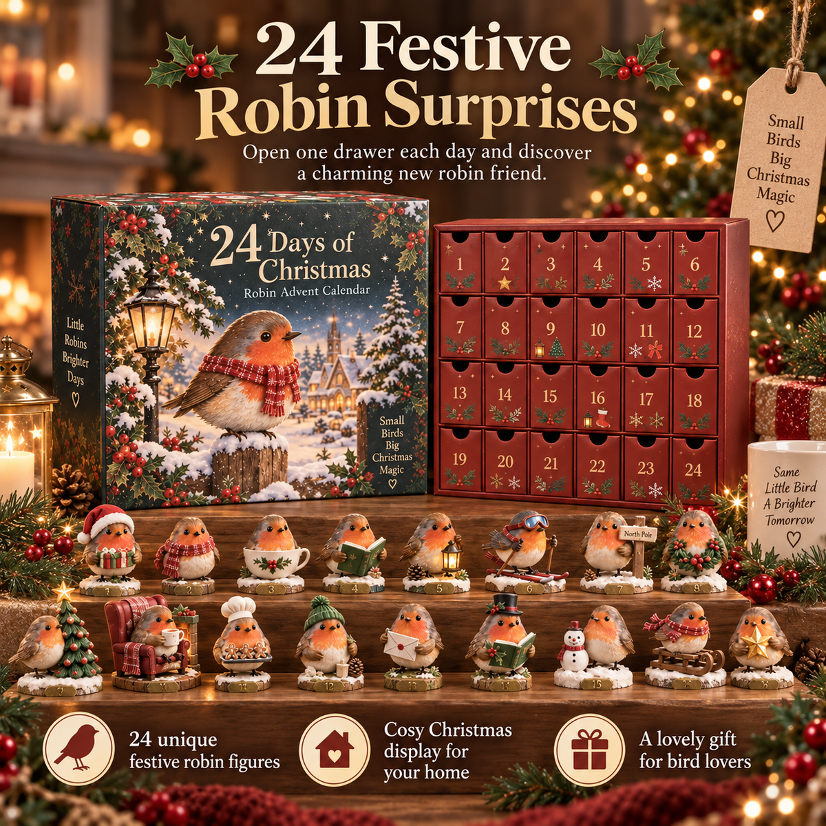 24-Day Robin Christmas Advent Calendar – 24 Festive Mini Figurines