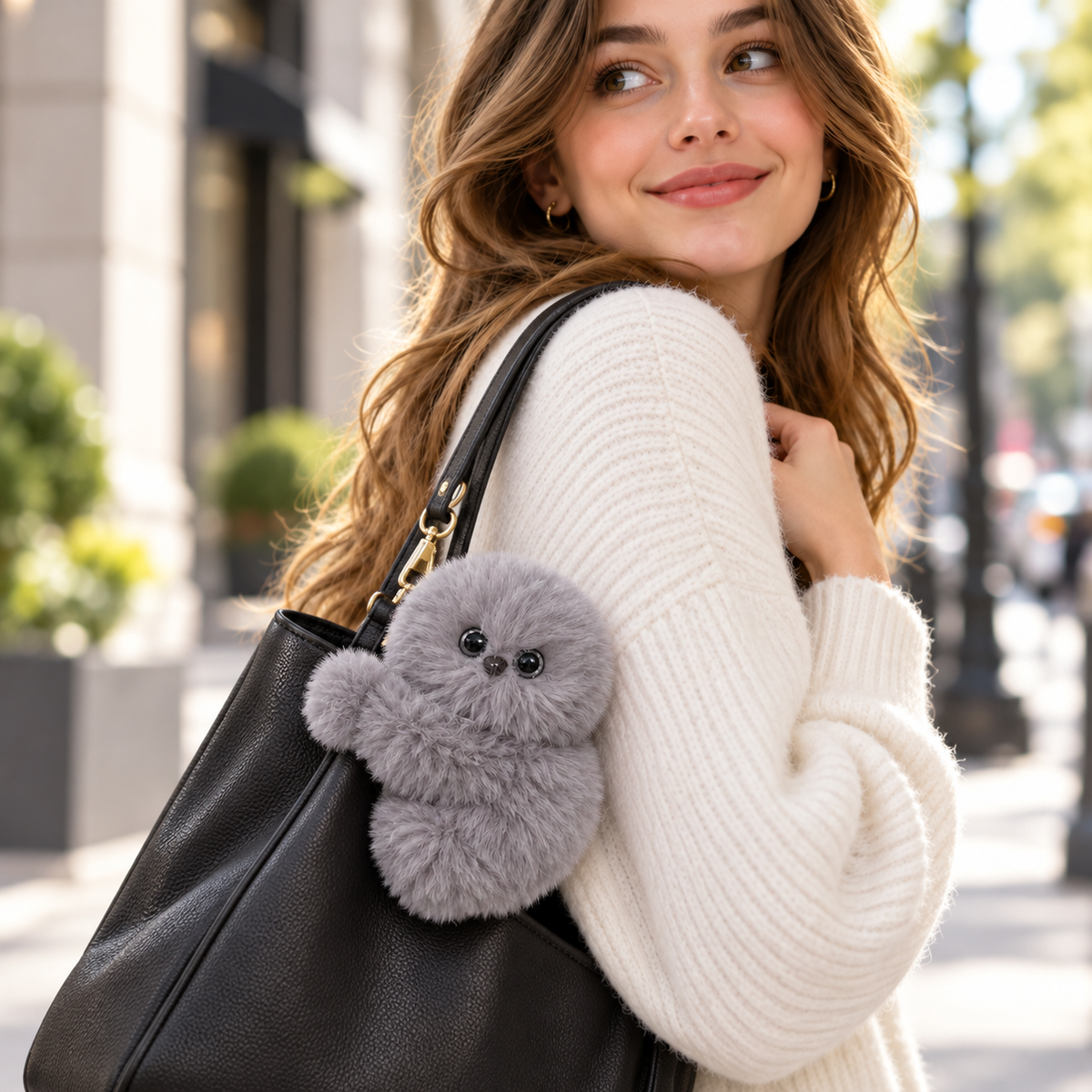 🎁 49% OFF🧸Interactive Fluffy Bag Charm – Cute Head-Turning Plush Companion
