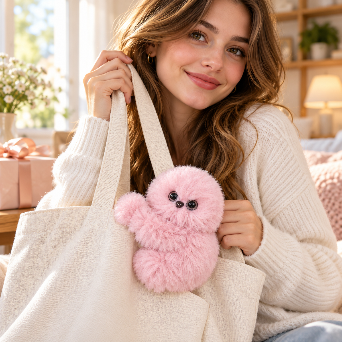 🎁 49% OFF🧸Interactive Fluffy Bag Charm – Cute Head-Turning Plush Companion
