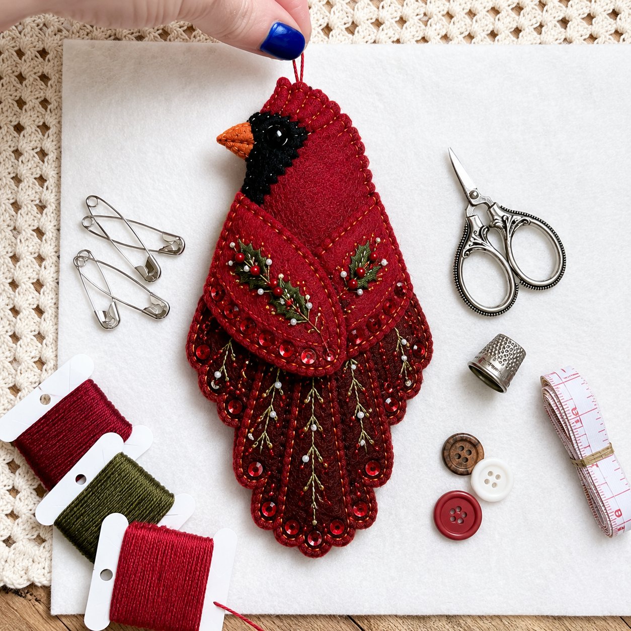 🐦 Bird-Shaped Felt Sewing Organizer DIY Kit - Cardinal