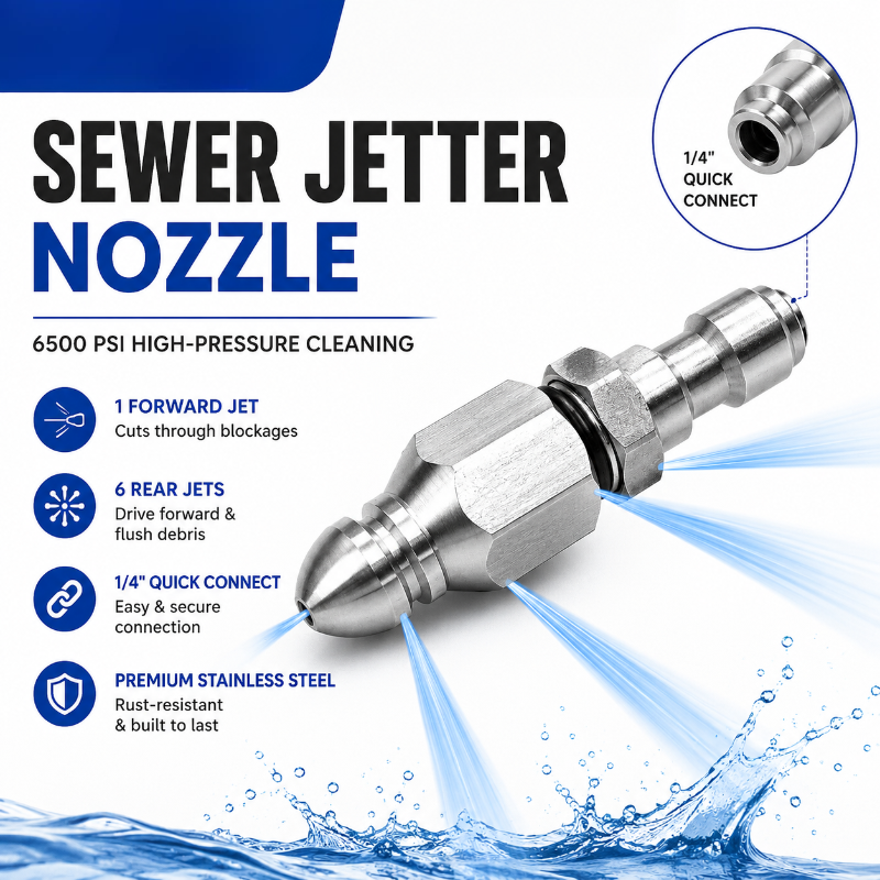 6500 PSI Stainless Steel Sewer Jetter Nozzle – 1/4" Quick Connect Drain Cleaning Attachment for Pressure Washers
