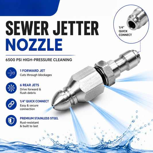 6500 PSI Stainless Steel Sewer Jetter Nozzle – 1/4" Quick Connect Drain Cleaning Attachment for Pressure Washers