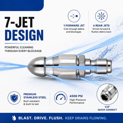 6500 PSI Stainless Steel Sewer Jetter Nozzle – 1/4" Quick Connect Drain Cleaning Attachment for Pressure Washers