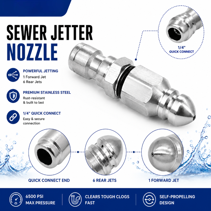 6500 PSI Stainless Steel Sewer Jetter Nozzle – 1/4" Quick Connect Drain Cleaning Attachment for Pressure Washers