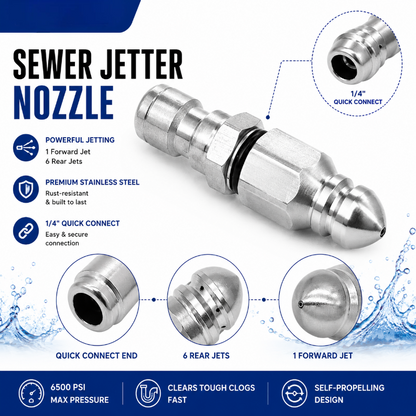 6500 PSI Stainless Steel Sewer Jetter Nozzle – 1/4" Quick Connect Drain Cleaning Attachment for Pressure Washers