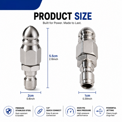 6500 PSI Stainless Steel Sewer Jetter Nozzle – 1/4" Quick Connect Drain Cleaning Attachment for Pressure Washers
