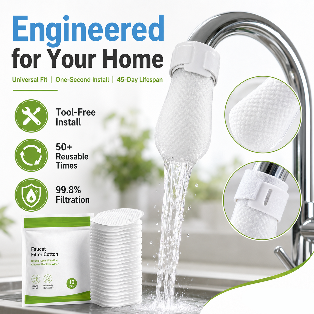 ⏰60%OFF⚡50K+ SOLD!💥Anti-Splash Kitchen Faucet Cotton Filter for Sediment & Rust Removal