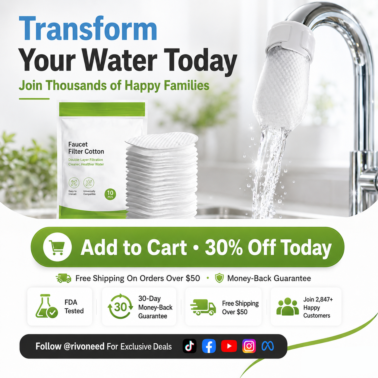 ⏰60%OFF⚡50K+ SOLD!💥Anti-Splash Kitchen Faucet Cotton Filter for Sediment & Rust Removal