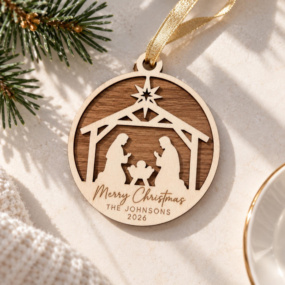 Personalised Nativity Christmas Ornament – Custom Family Name Wooden Keepsake | Christian Christmas Tree Decoration