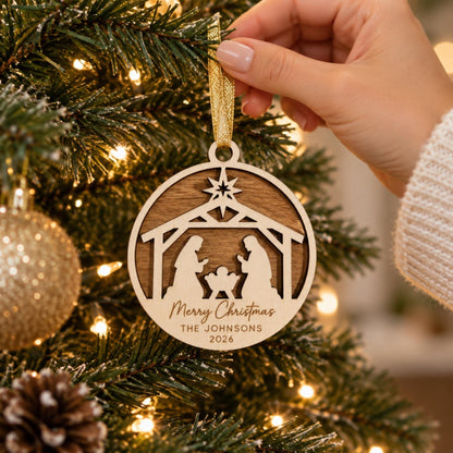 Personalised Nativity Christmas Ornament – Custom Family Name Wooden Keepsake | Christian Christmas Tree Decoration