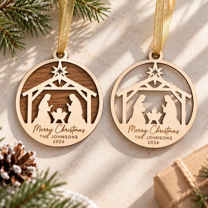Personalised Nativity Christmas Ornament – Custom Family Name Wooden Keepsake | Christian Christmas Tree Decoration