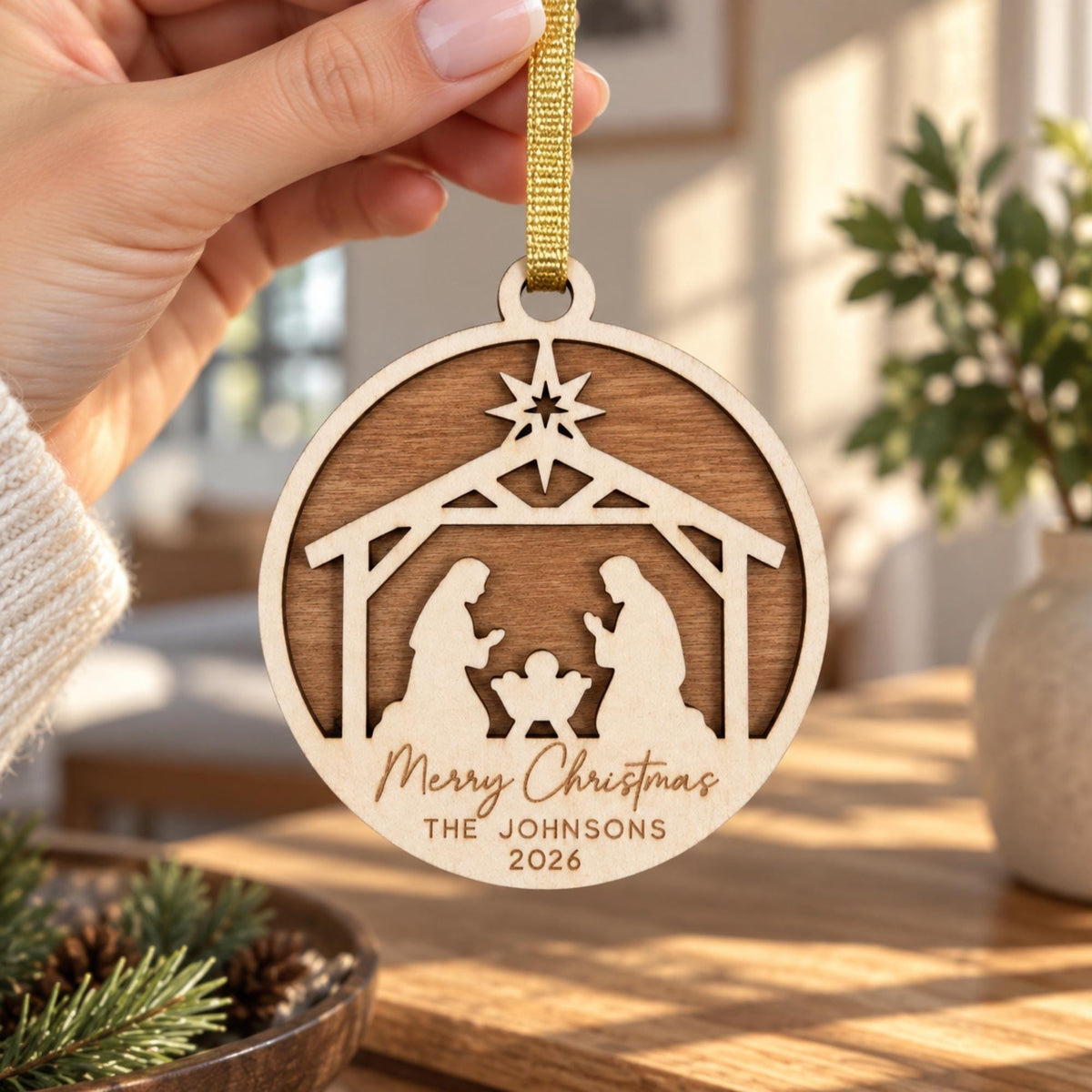 Personalised Nativity Christmas Ornament – Custom Family Name Wooden Keepsake | Christian Christmas Tree Decoration