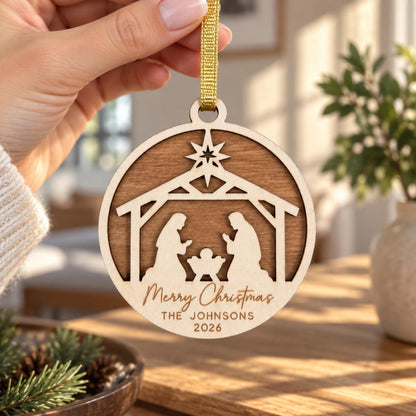 Personalised Nativity Christmas Ornament – Custom Family Name Wooden Keepsake | Christian Christmas Tree Decoration