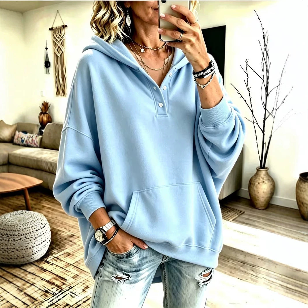 2026 New Cross-Border European And American Independent Station Women'S Hooded Sweatshirt Autumn And Winter Loose Solid Color Casual Long-Sleeved Tops For Women