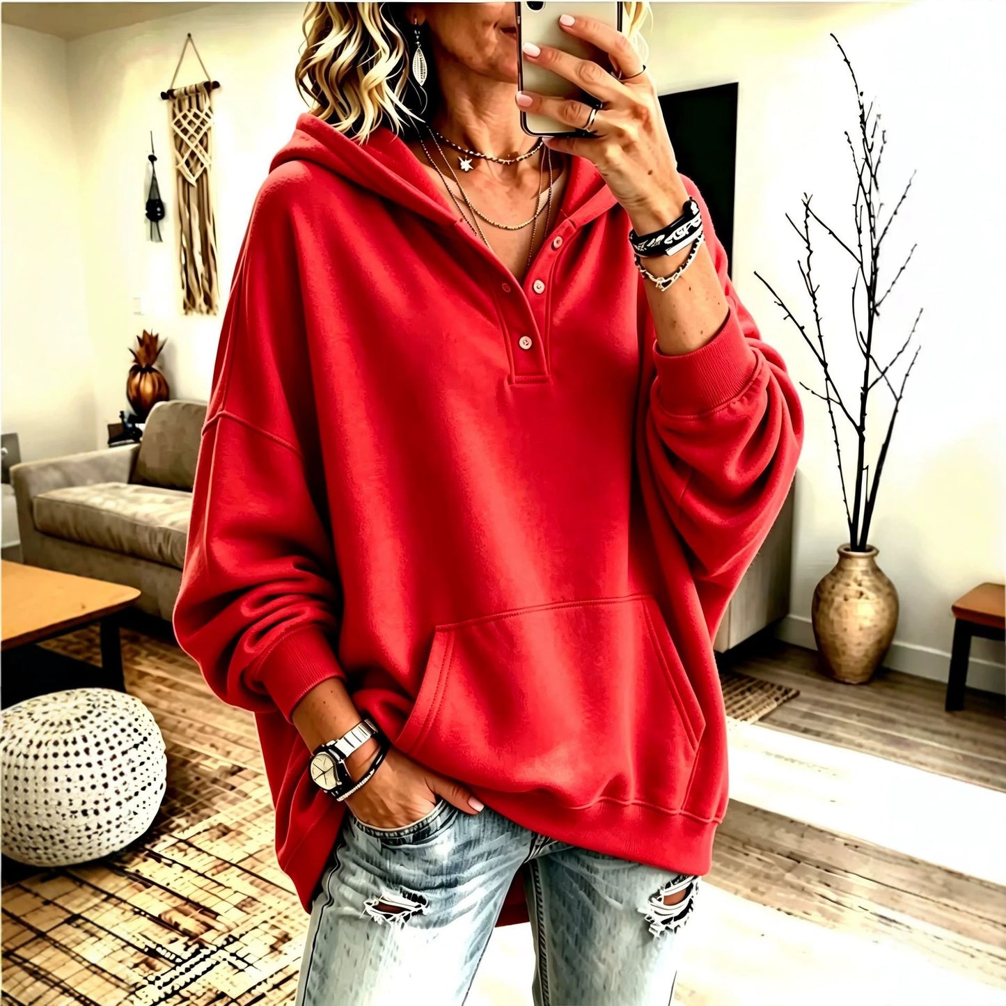 2026 New Cross-Border European And American Independent Station Women'S Hooded Sweatshirt Autumn And Winter Loose Solid Color Casual Long-Sleeved Tops For Women